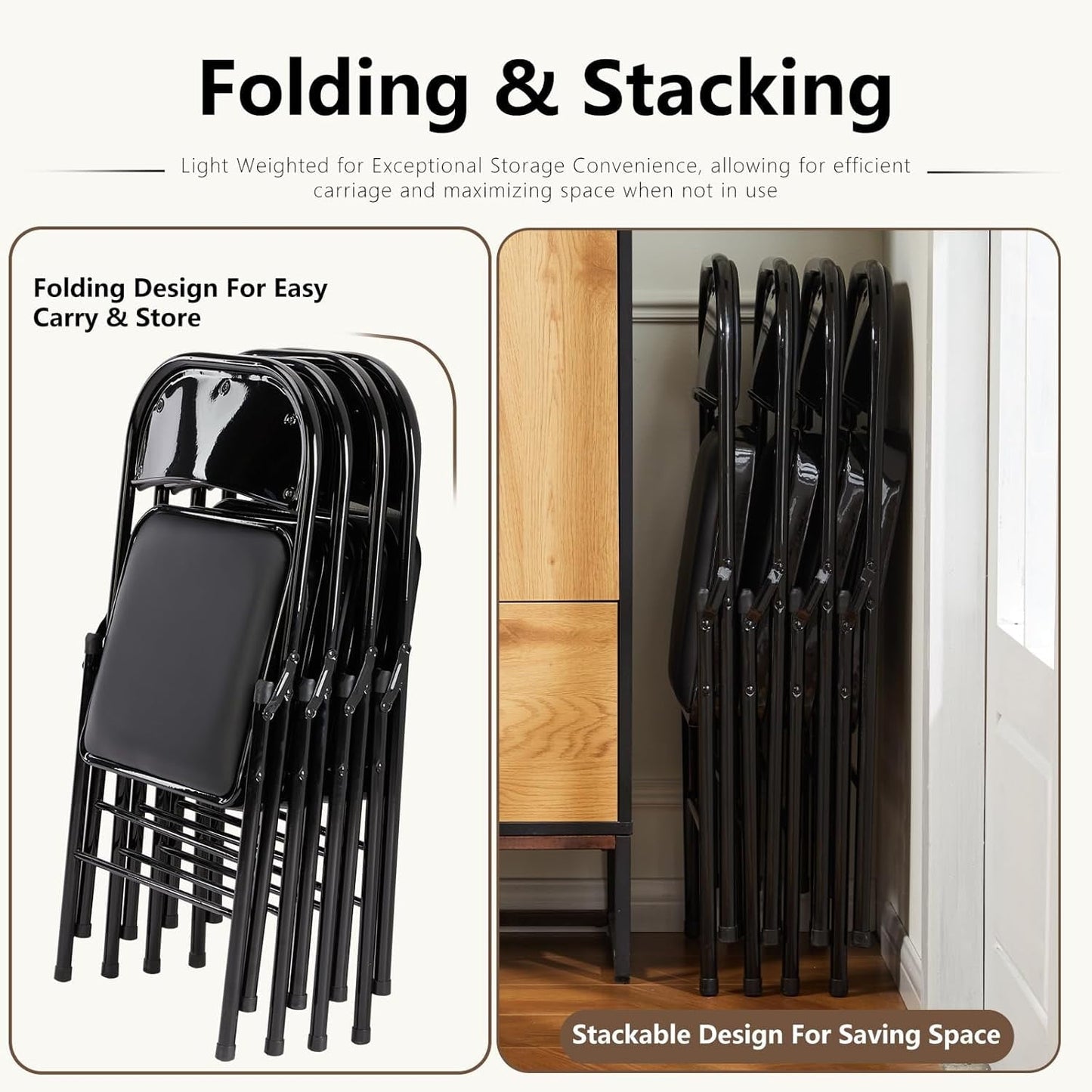 2-Pack Folding Chairs with Padded PU Leather Seat and Metal Frame, Indoor/Outdoor Use, Black