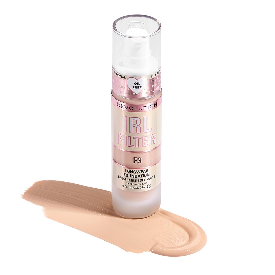 Revolution Beauty, Irl Filter Longwear Foundation, Soft & Breathable Formula, Medium To Full Coverage, Matte Finish, F3, 0.7 Fl.