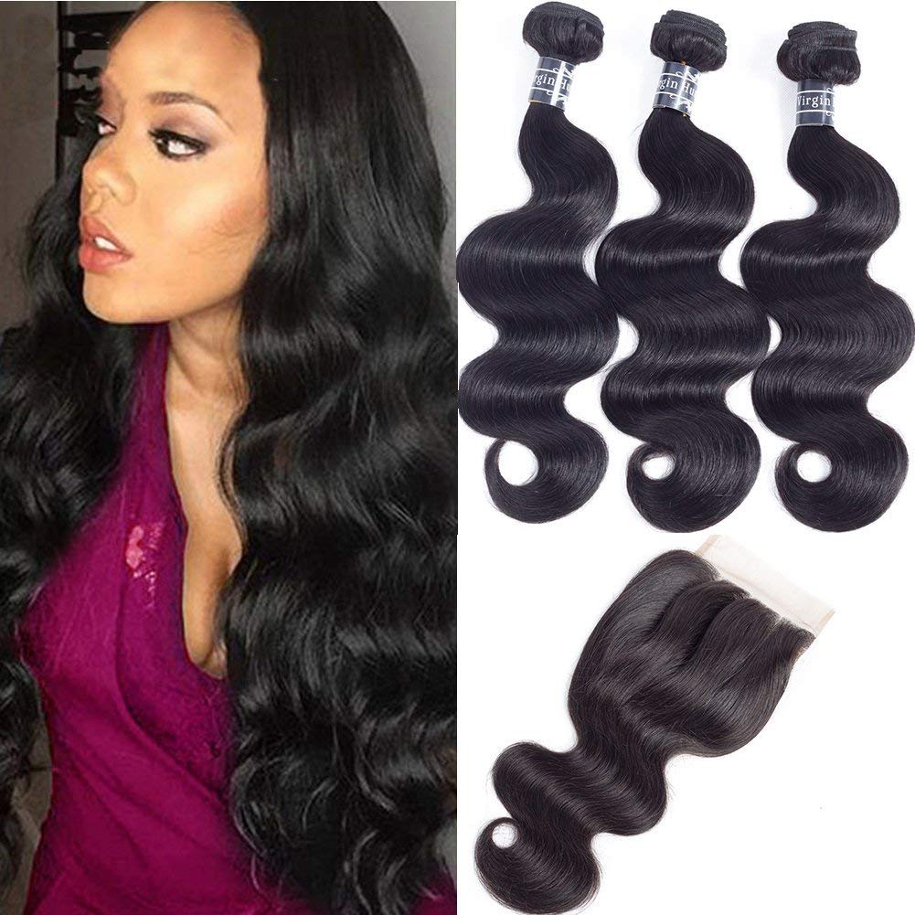 Amella Hair 8A Brazilian Body Wave Human Hair 3 Bundles With Lace Closure (18'' 20'' 22''+16''Closure,Three Part,Natural Black)1