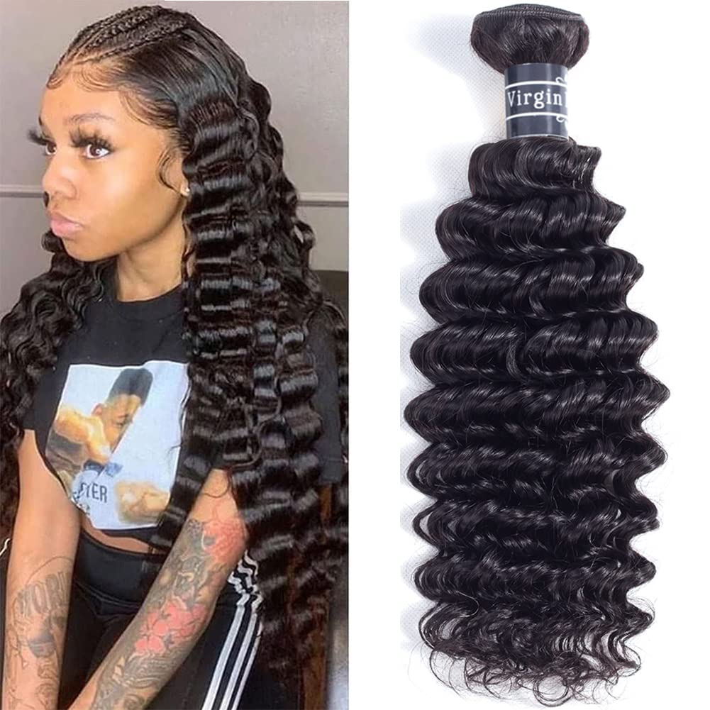 Amella Hair Brazilian Deep Wave Hair Bundles 14Inch 100% Unprocessed 1 Bundle Deep Wave Hair Weave Bundles Deep Curly Human Hair