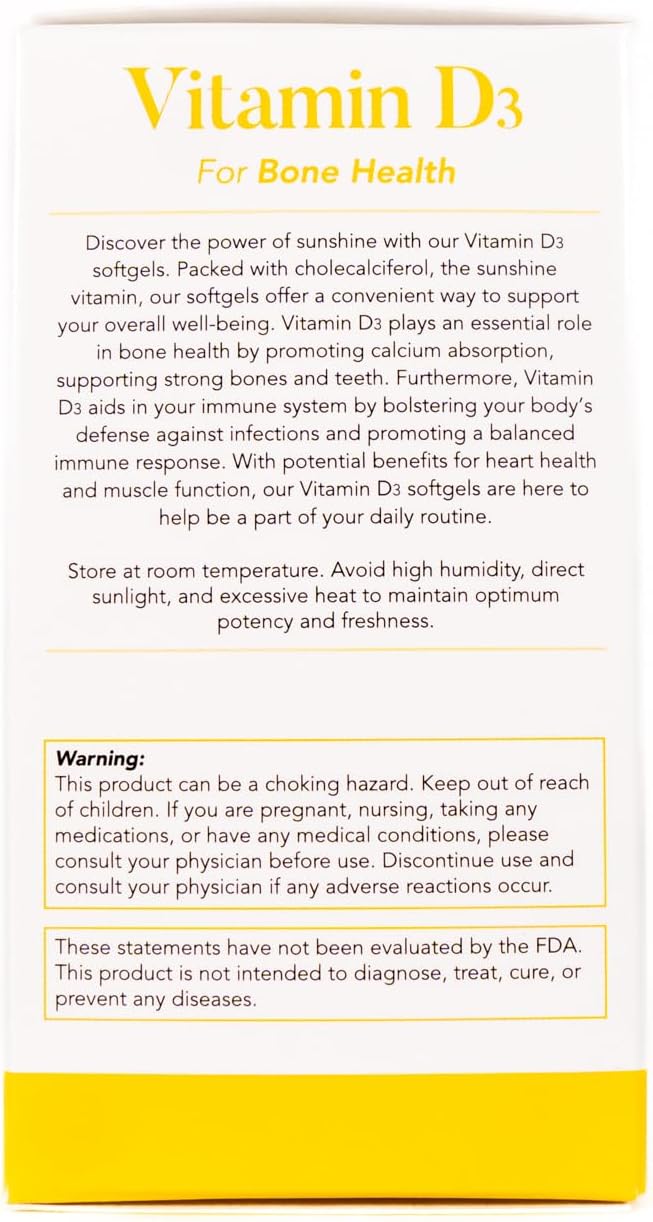 | Vitamin D3 | 50 mcg (2000 IU) Per Softgel | Dietary Supplement for Bone Health | Made in USA | 1 Pack of 60 Count (60 Softgels Total)