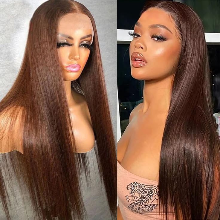 Chocolate Brown Lace Front Wig Human Hair 28 Inch Brown Straight Lace Front Wigs Human Hair 13X4 Transparent Lace Straight Front