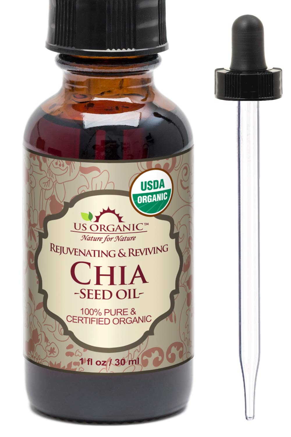 Us Organic Chia Seed Oil, Certified Organic, Pure & Natural, Cold Pressed Virgin, Unrefined, Sourced From Paraguay, In Amber Gla