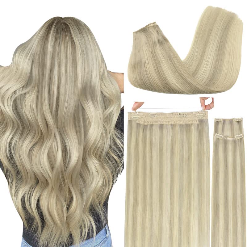 Goo Goo Wire Hair Extensions Human Hair, 17A/60A Ash Blonde Mix Platinum Blonde Highlighted 12Inch 100G, Invisible Wire Hair Ext