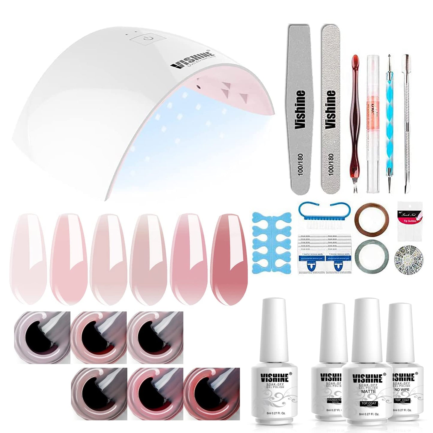 Vishine Gel Nail Polish Kit Uv Light, 36W Uv Led Nail Dryer Lamp, 6 Sheer Milky Pink Jelly Transparent Colors Base Top Coat Prof