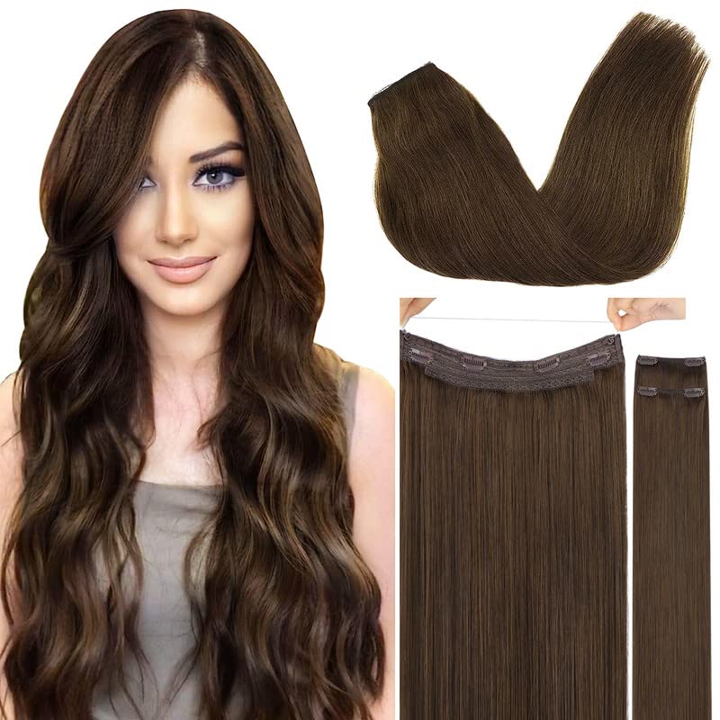 Goo Goo Wire Hair Extensions Human Hair, 4A Chocolate Brown Natural 16Inch 125G, Invisible Wire Hair Extensions With Transparent