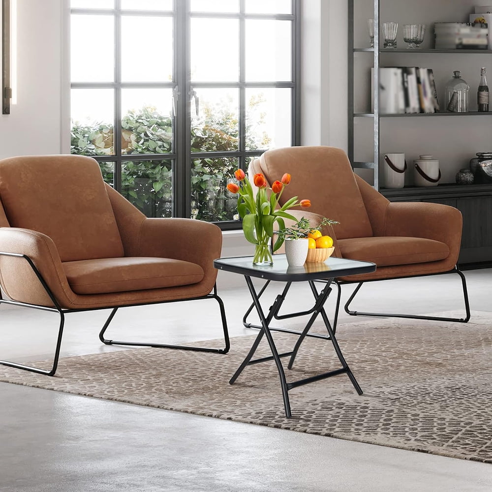 18” Folding Square Glass Side Table, Portable Patio Bistro Coffee Table with Tempered Glass Tabletop, Solid Steel Structure for Yard, Lawn, Garden