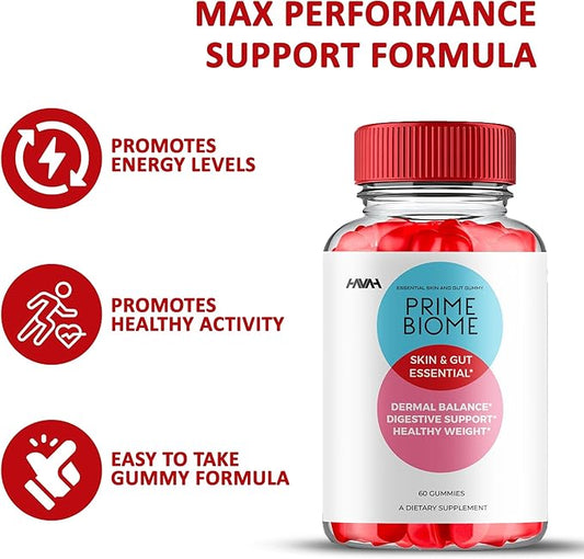 (3 Pack) Prime Biome Gummies PrimeBiome Skin & Gut Support Gummy Formula, PrimeBiome Overall Health & Wellness Vitamin B12 B6 Folic Acid Support Supplement, Prime Biome Advanced Formula (180 Gummies)