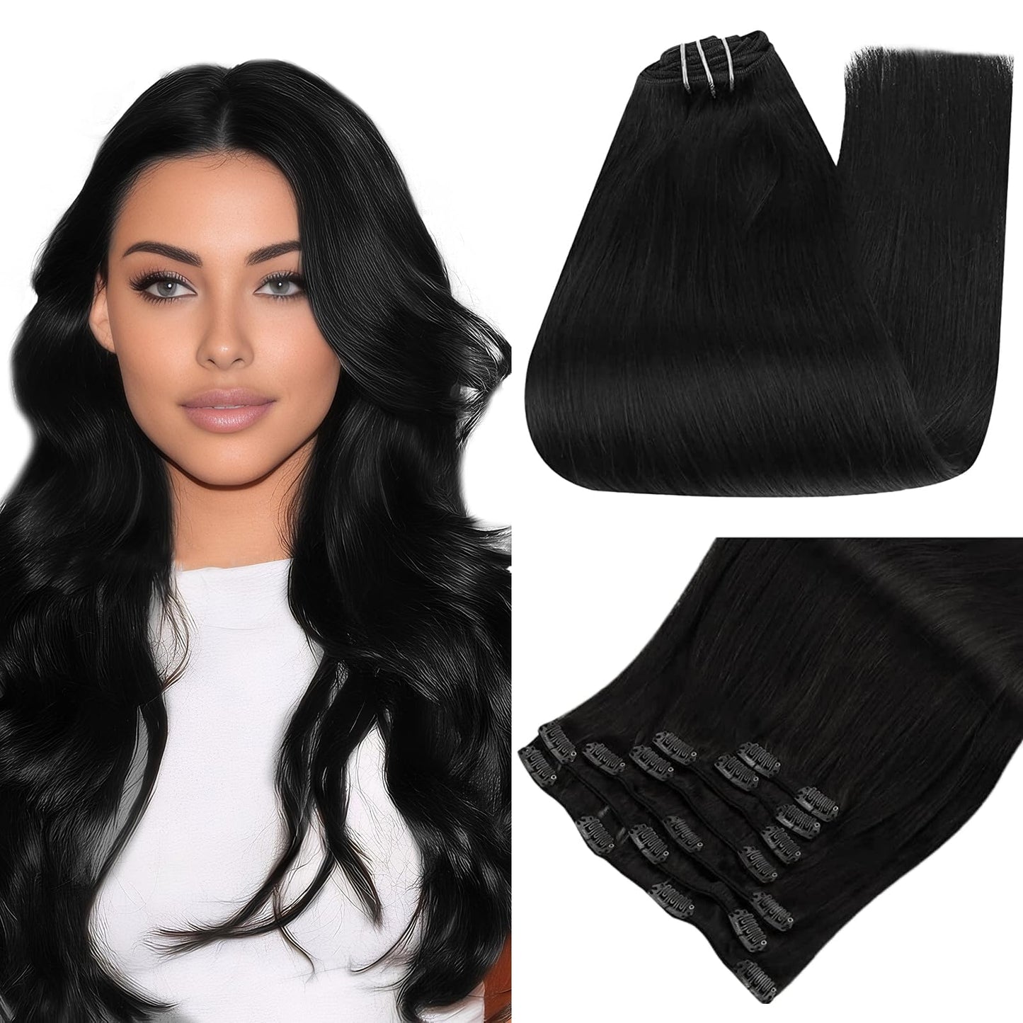 Full Shine 26 Inch Clip In Hair Extensions Real Human Hair Black Invisible Long Clip In Human Hair Extensions Soft Straight Blac