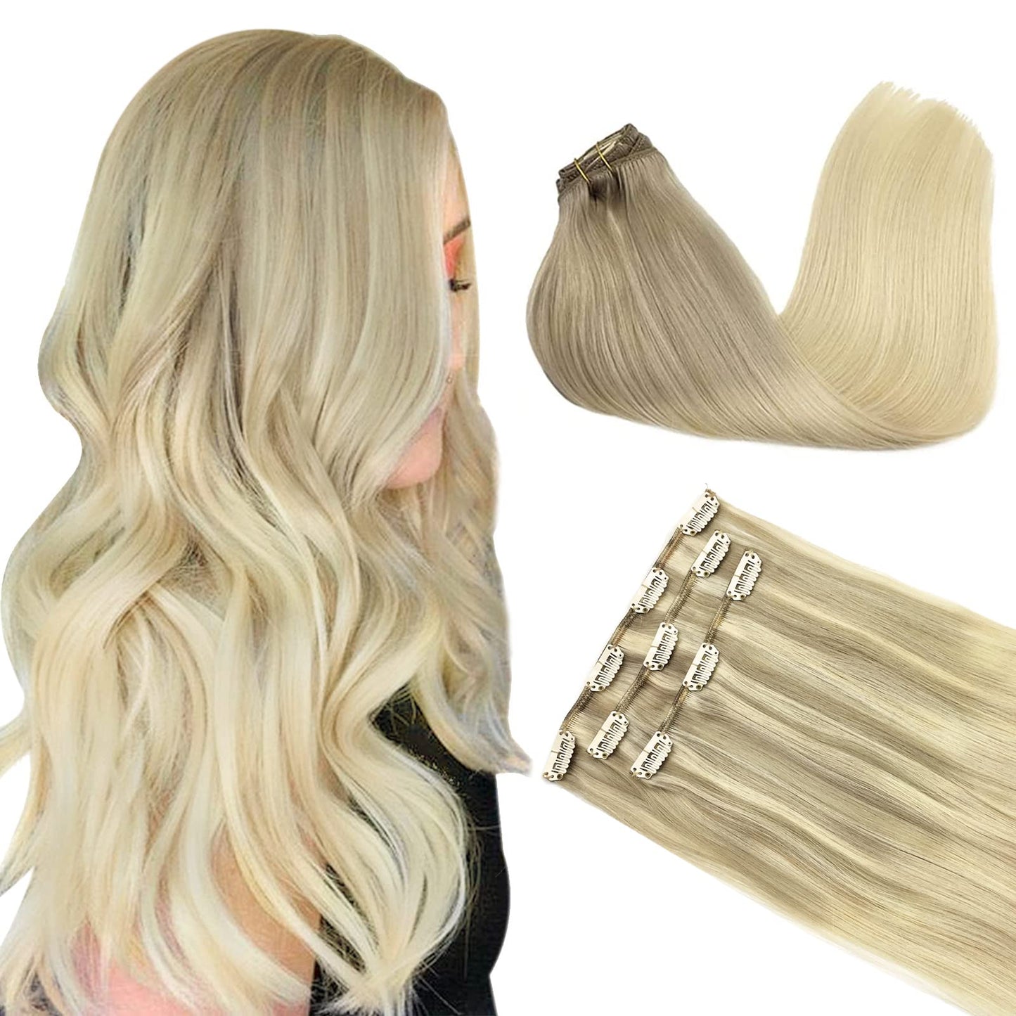 Doores Hair Extensions Clip In Human Hair, 3Pcs 65G 18 Inch Balayage Ash Blonde To Golden Blonde And Platinum Blonde Clip In Hai