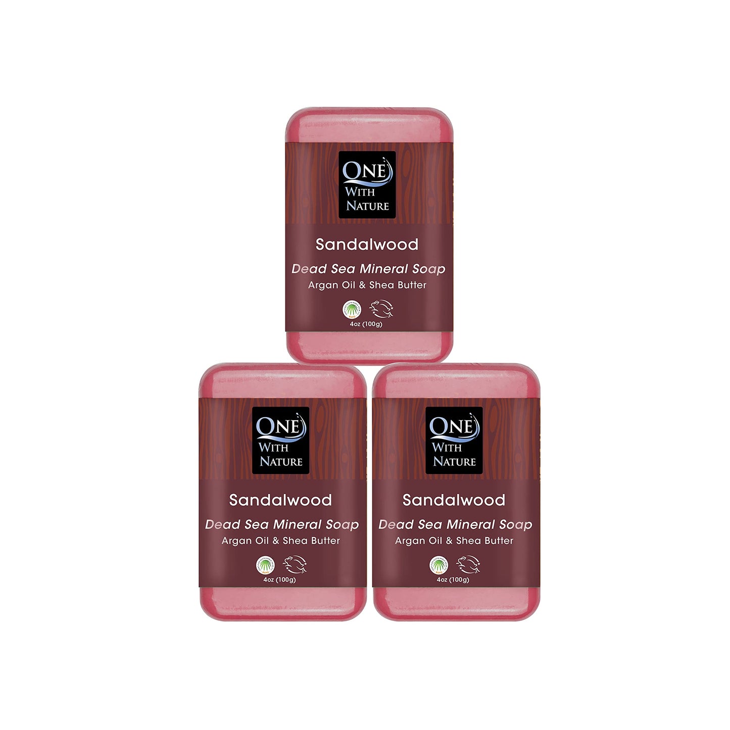 One With Nature Dead Sea Mineral Sandalwood Soap 4Oz Bar 3Pack- Anti Aging, Natural Essential Oil Fragrance Shea Butter, Argan O