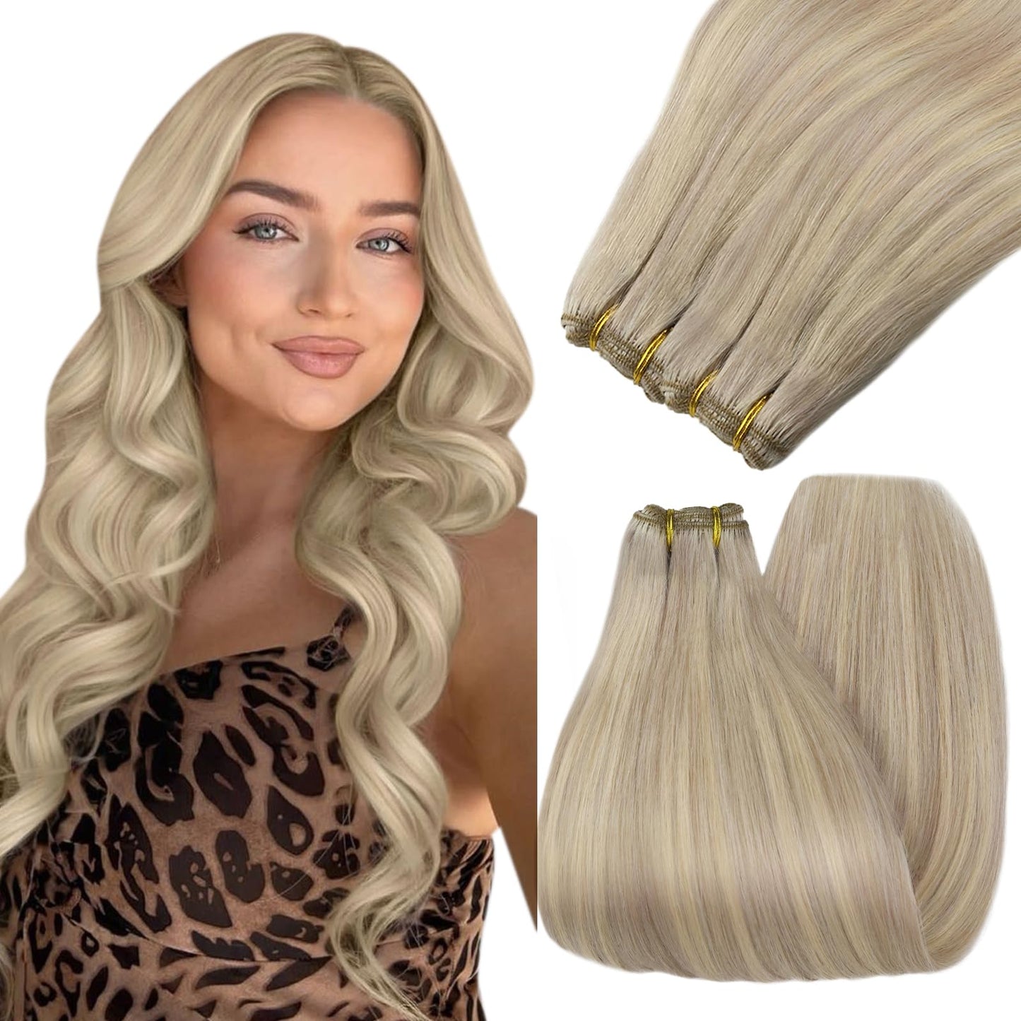 Youngsee 125G Weft Extensions Human Hair Blonde Highlight Sew In Hair Extensions Real Human Hair Warm Ash Blonde Highlights Blea