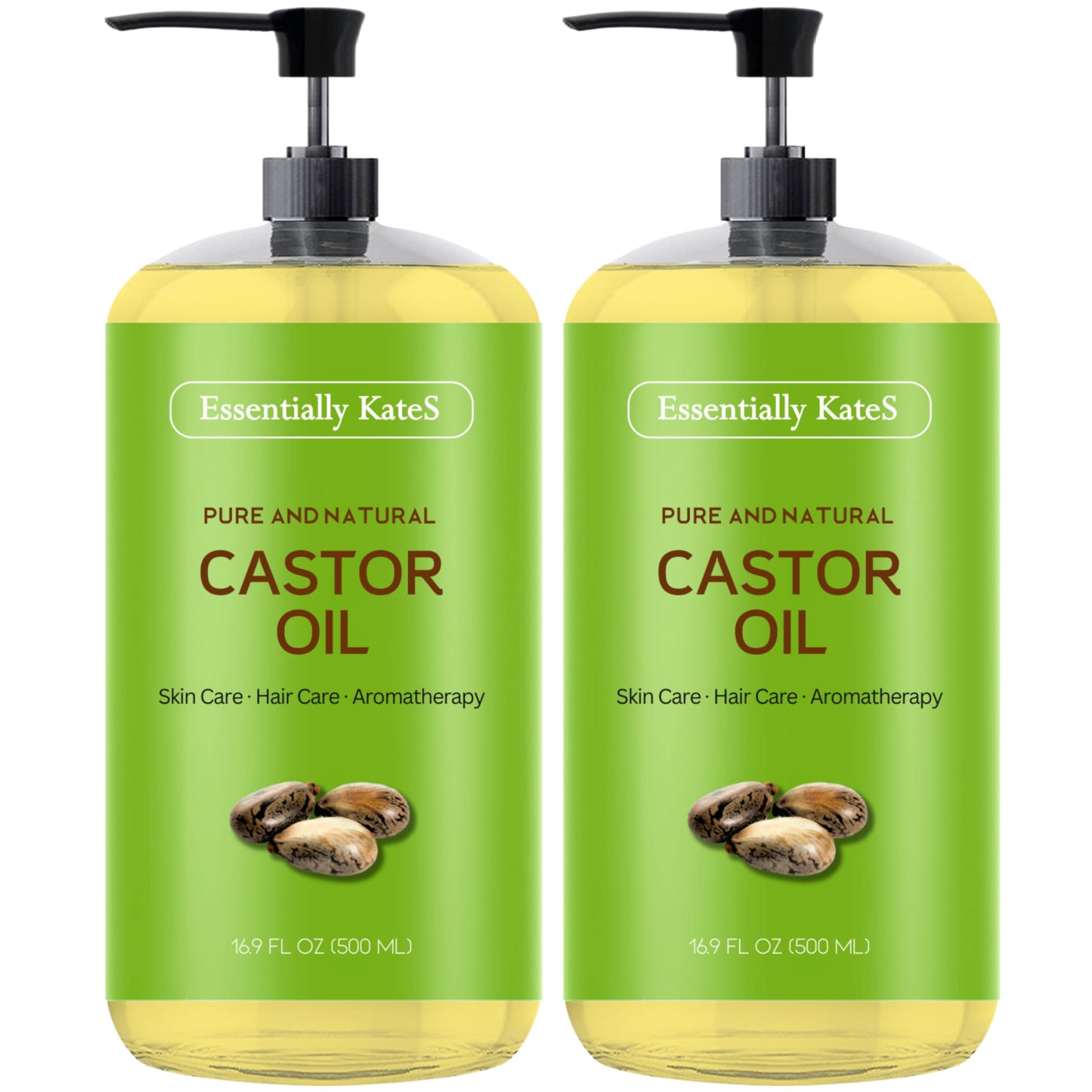 Essentially Kates Castor Oil, 33.8 Fl Oz - Pack Of 2 X 16.9 Fl Oz - 100% Pure And Natural, Cold Pressed, Hair And Skin Care - He