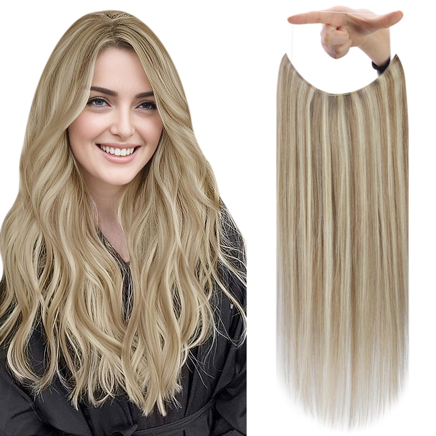 Fshine Invisible Wire Hair Extensions Real Human Hair Dirty Blonde Highlighted Light Blonde Wire Human Hair Extensions One Piece