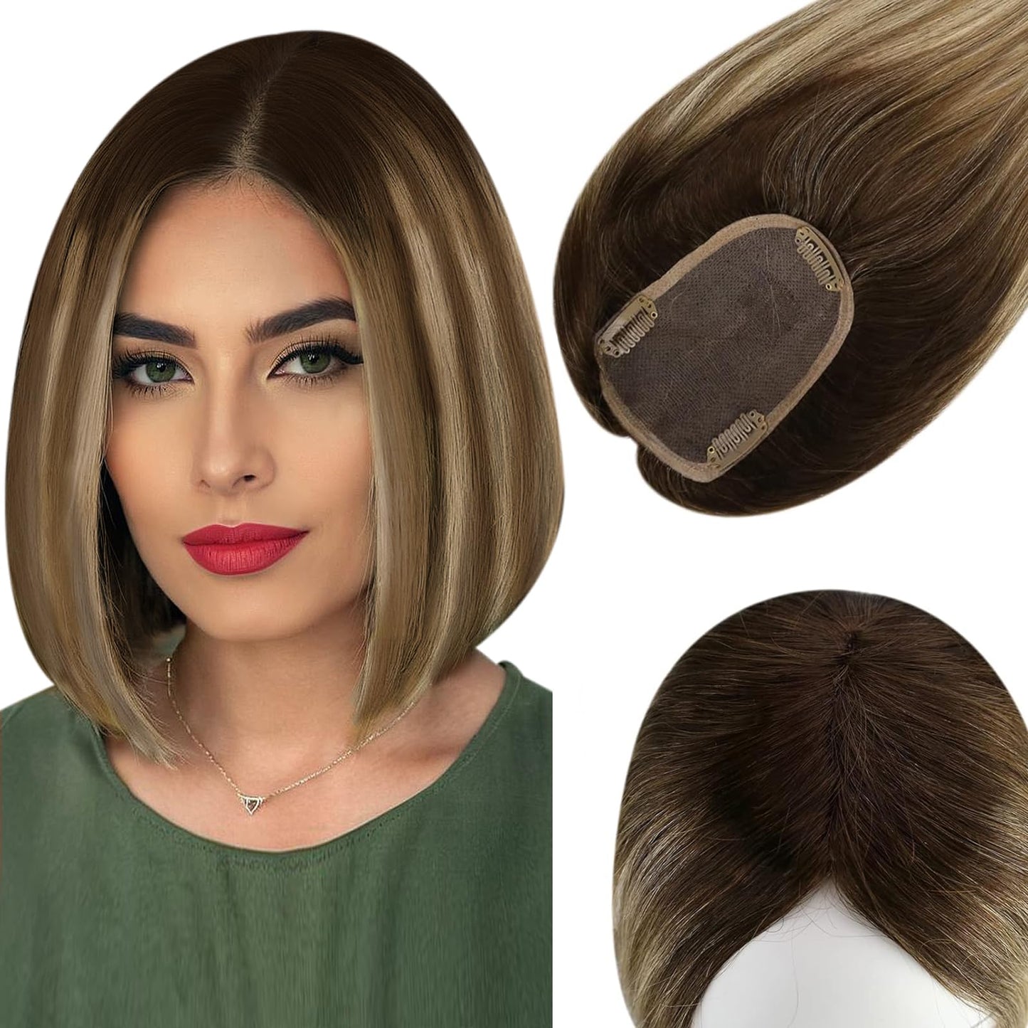Full Shine Brown Hidden Crown Hair Extensions Fading To Blonde Highlight Top Hair Pieces For Women Hair Loss 12 Inch Silk Base C