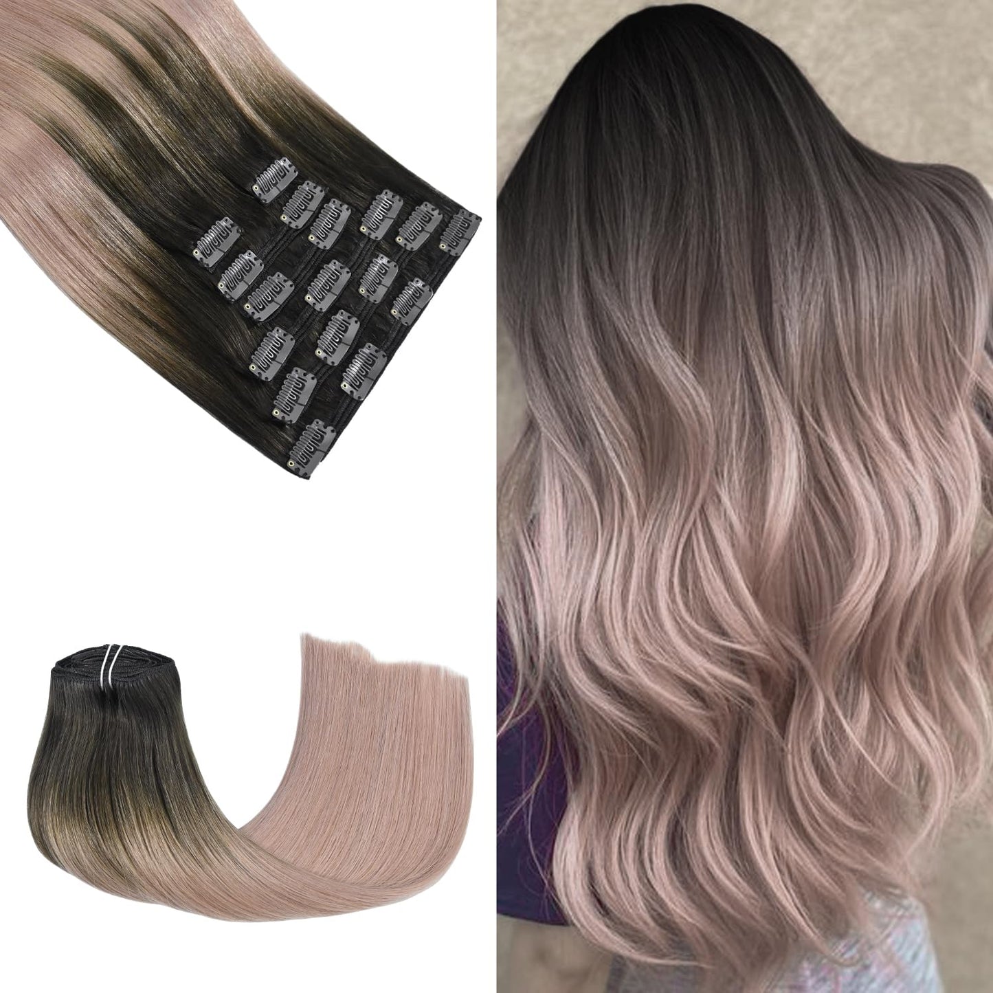 Honsoo Clip In Hair Extensions For Women Soft Natural Handmade Real Human Hair Extensions Dark Brown To Pink Thick Straight 7Pcs