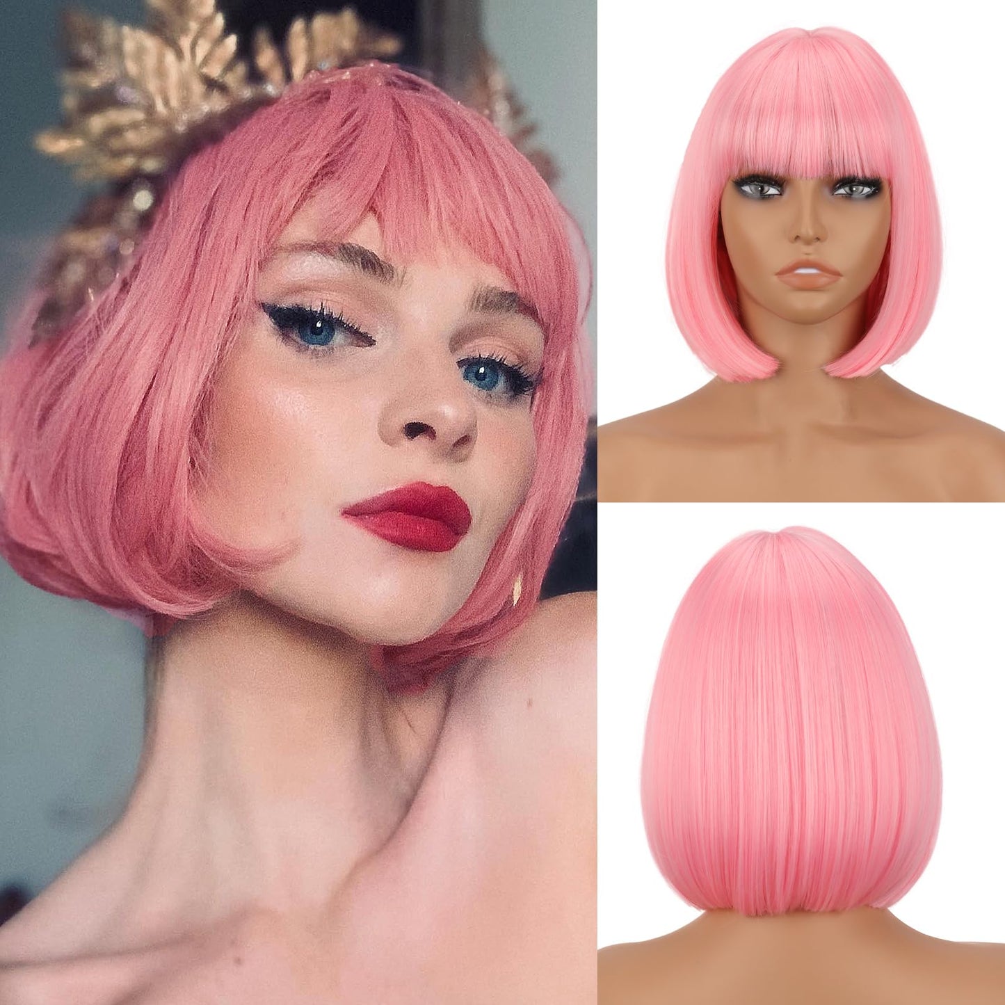 Werd Short Pink Bob Wig For Women Light Pink Wig With Bangs Synthetic Hair Straight Pink Bob Wig For Daily Party Cosplay