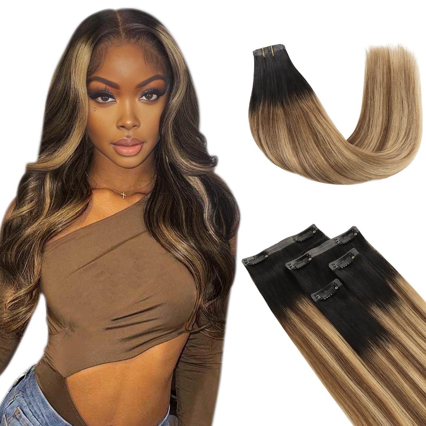 Lashey Ombre Balayage Ash Brown Highlighted Honey Blonde With Natural Black Dark Roots Seamless Clip In Hair Extensions Human Ha