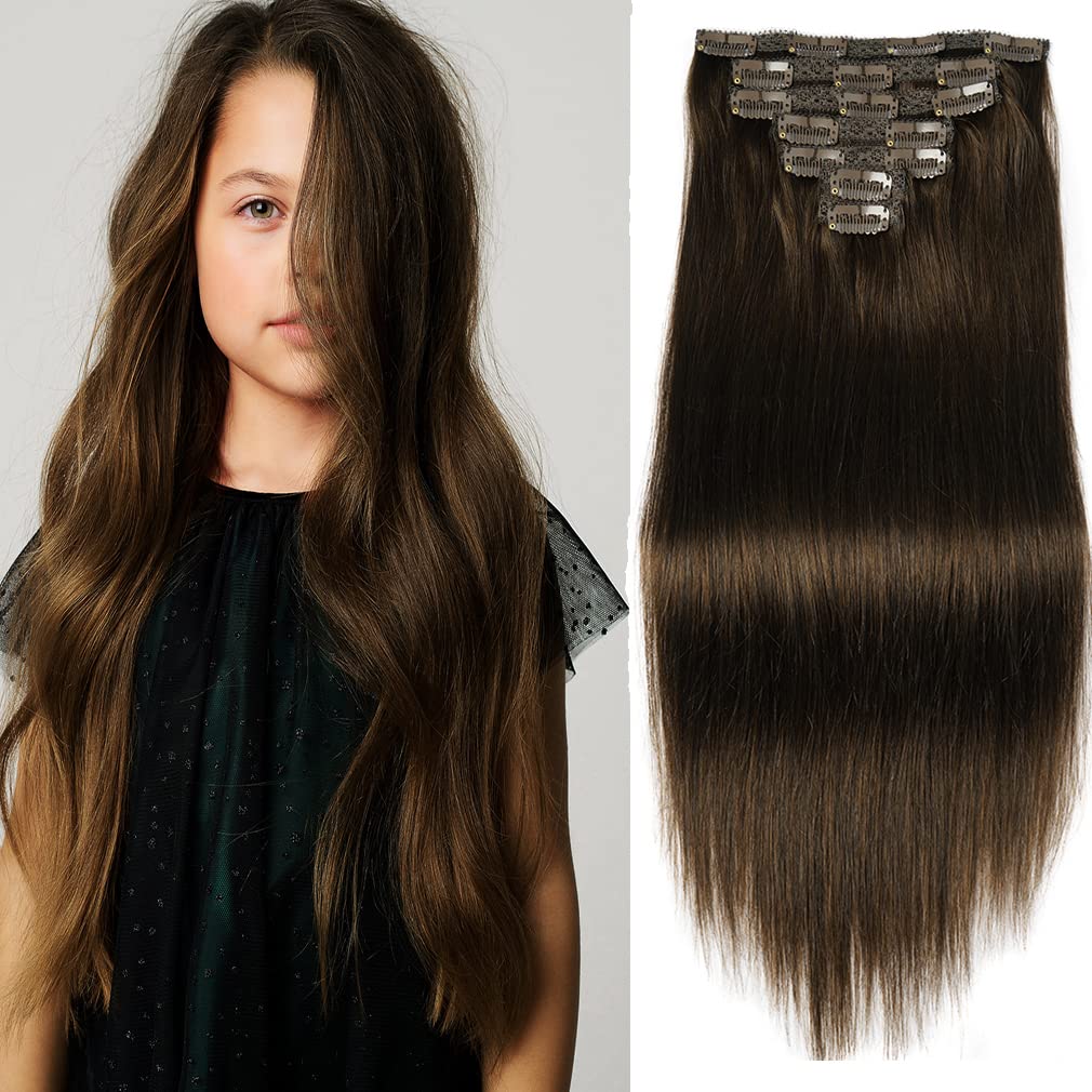 18'' Clip In Human Hair Extensions Full Head 150G 7 Pieces 16 Clips 4# Chocolate Brown Double Weft Brazilian Real Remy Hair Exte