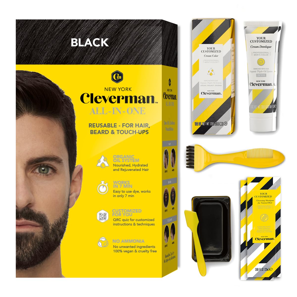 Cleverman Black Hair & Beard Dye For Men, All-In-One Reusable Kit - Natural-Looking Gray Coverage, Professional-Quality, Ammonia
