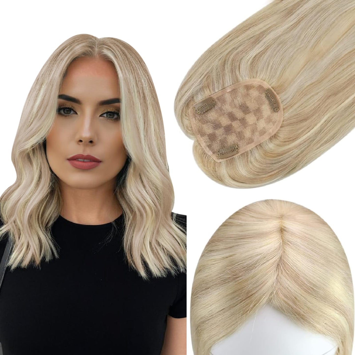 Full Shine Topper Hairpiece Extension Human Hair Silk Base Toupee 3 * 5Inch Hair Topper Color 18/613 Blonde Highlight Clip In To