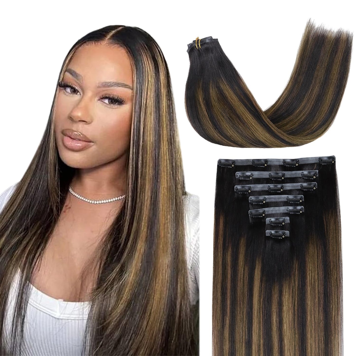 Lashey Clip In Hair Extensions Human Hair Light Yaki Seamless Clip In Hair Extensions Natural Black Mixed Chestnut Brown 16 Inch
