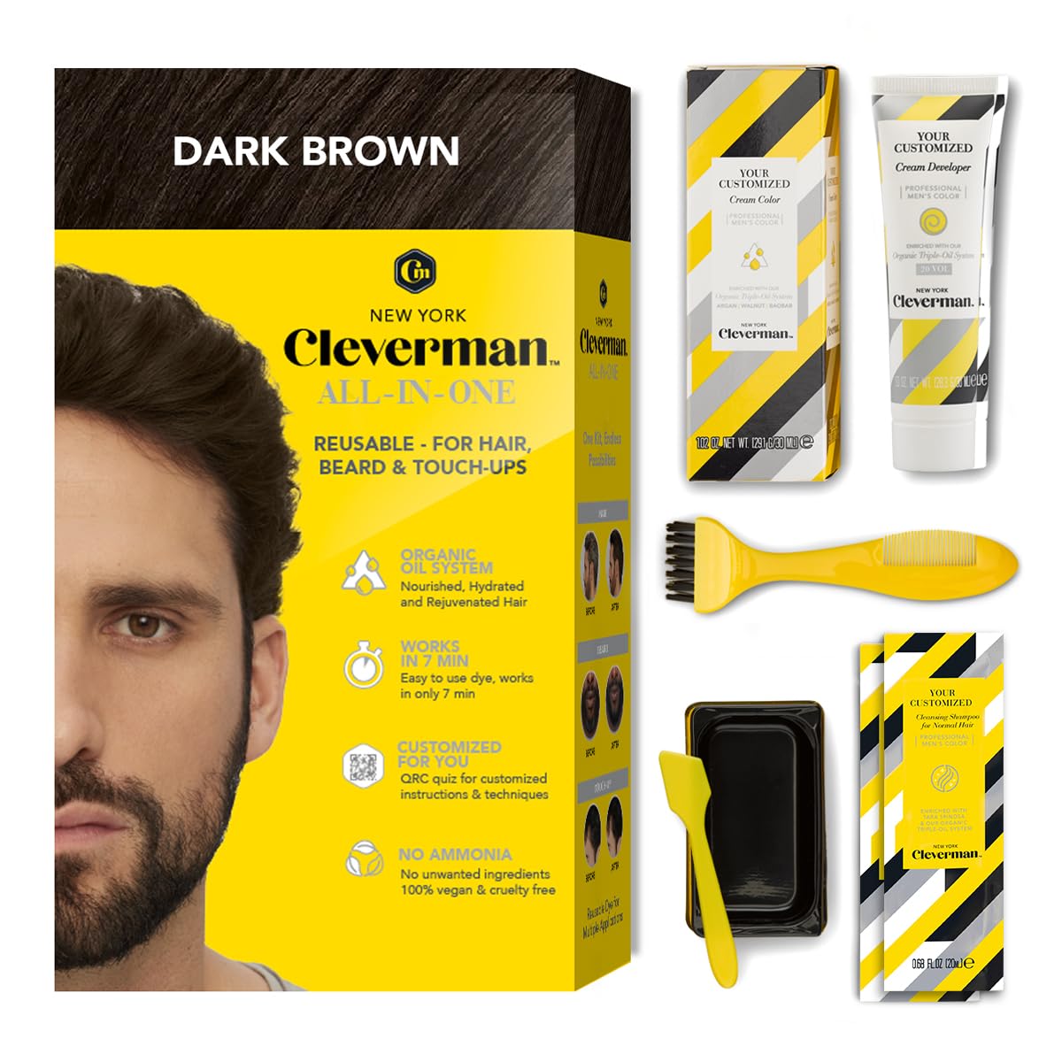 Cleverman Dark Brown Hair & Beard Dye Kit For Men - Natural-Looking Gray Coverage, Professional-Quality, Ammonia-Free For Hair,