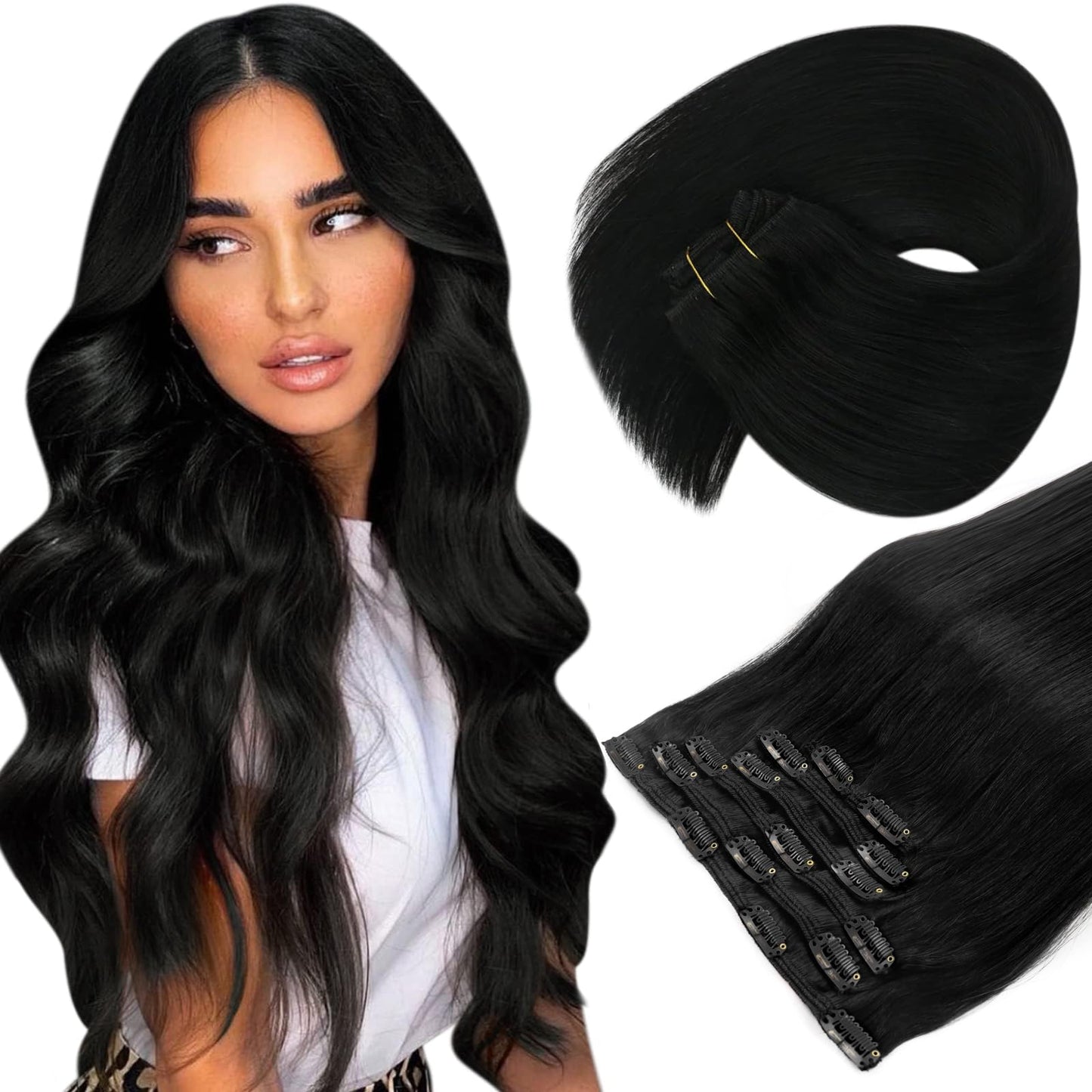 Sunny Clip In Hair Extensions Human Hair For Black Women Hair Extensions Clip In Real Human Hair Jet Black Clip In Human Hair Ex