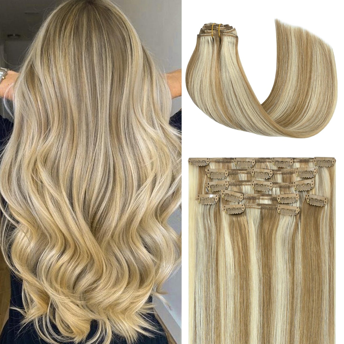 Honsoo Human Hair Clip In Extensions Mixed Bleach Blonde Highlights Long Straight Clip In Hair Extensions Real Human Hair 115G 2