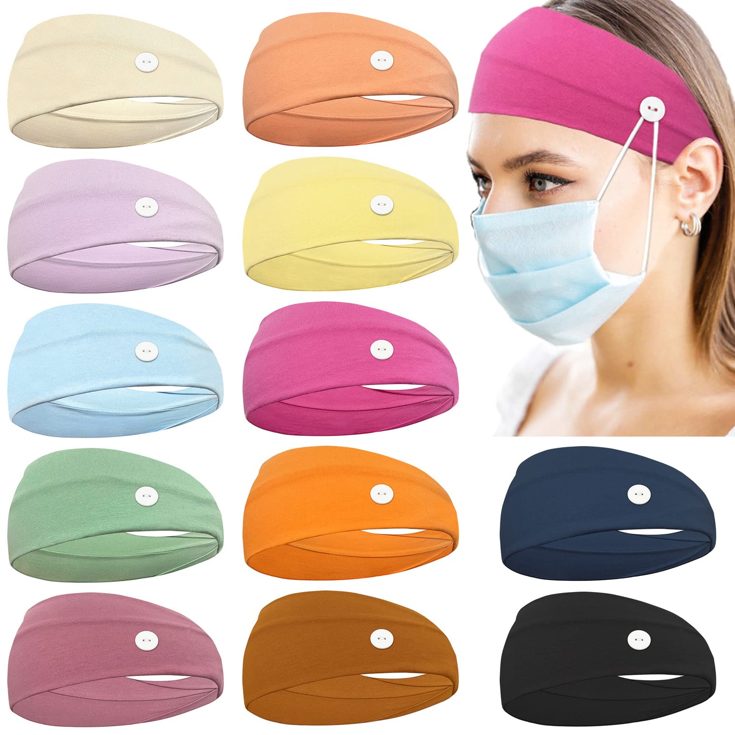 C Llot 12 Pack Boho Button Headband Wide Stretchy Daily Use Knotted Headwear Sport Athletic Yoga Gym Hair Accessories For Women