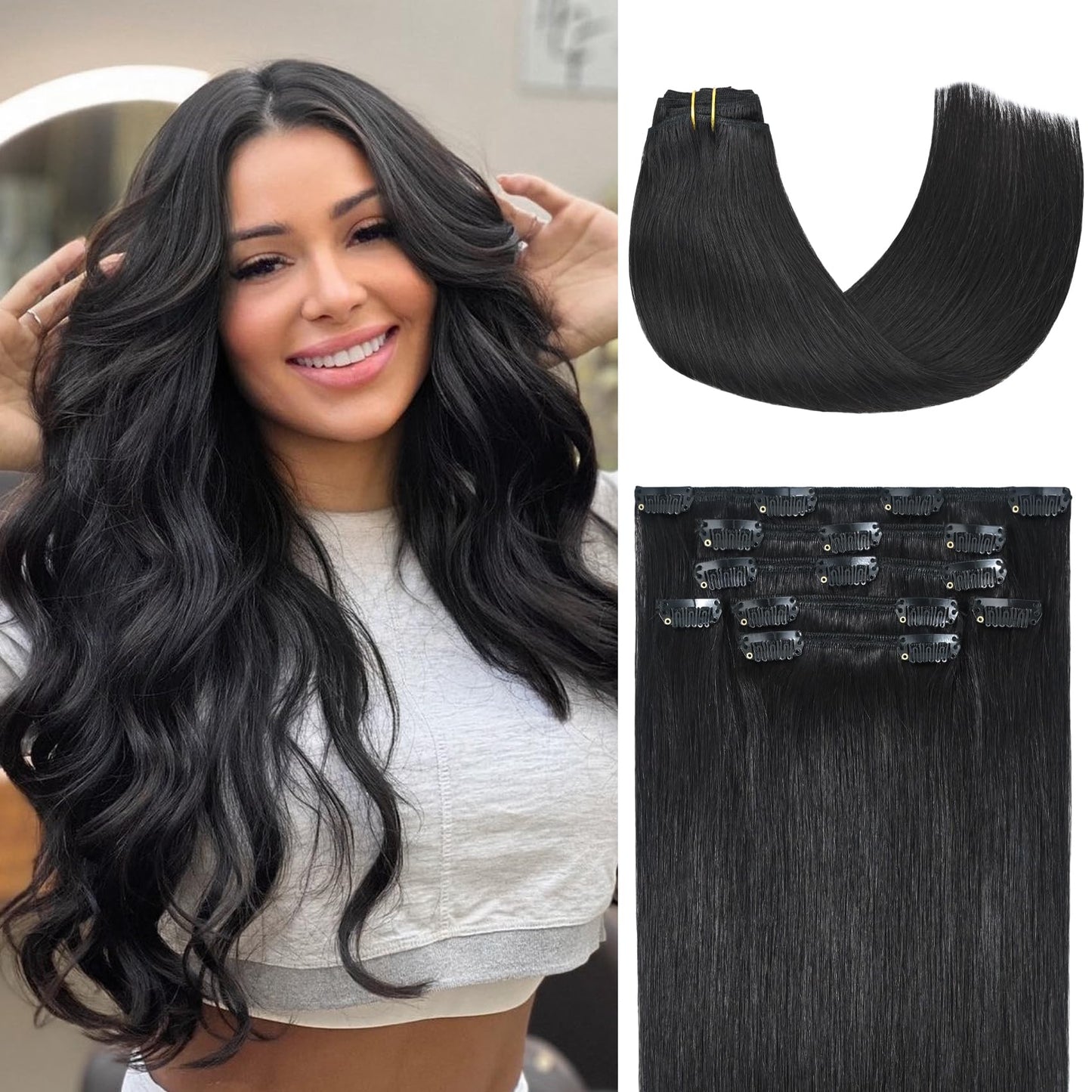 Honsoo Black Hair Extensions Clip In Hair Extensions Real Human Hair Upgraded Natural Black 85G 18In 7Pcs Soft Silky Straight Re