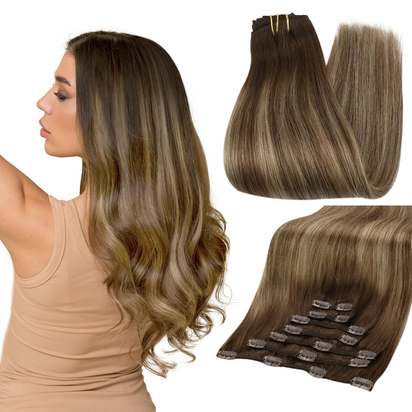 Full Shine Brown Clip In Hair Extensions Human Hair Balayage Hair Color Light Brown To Brown Mix Honey Blonde Clip In Extensions