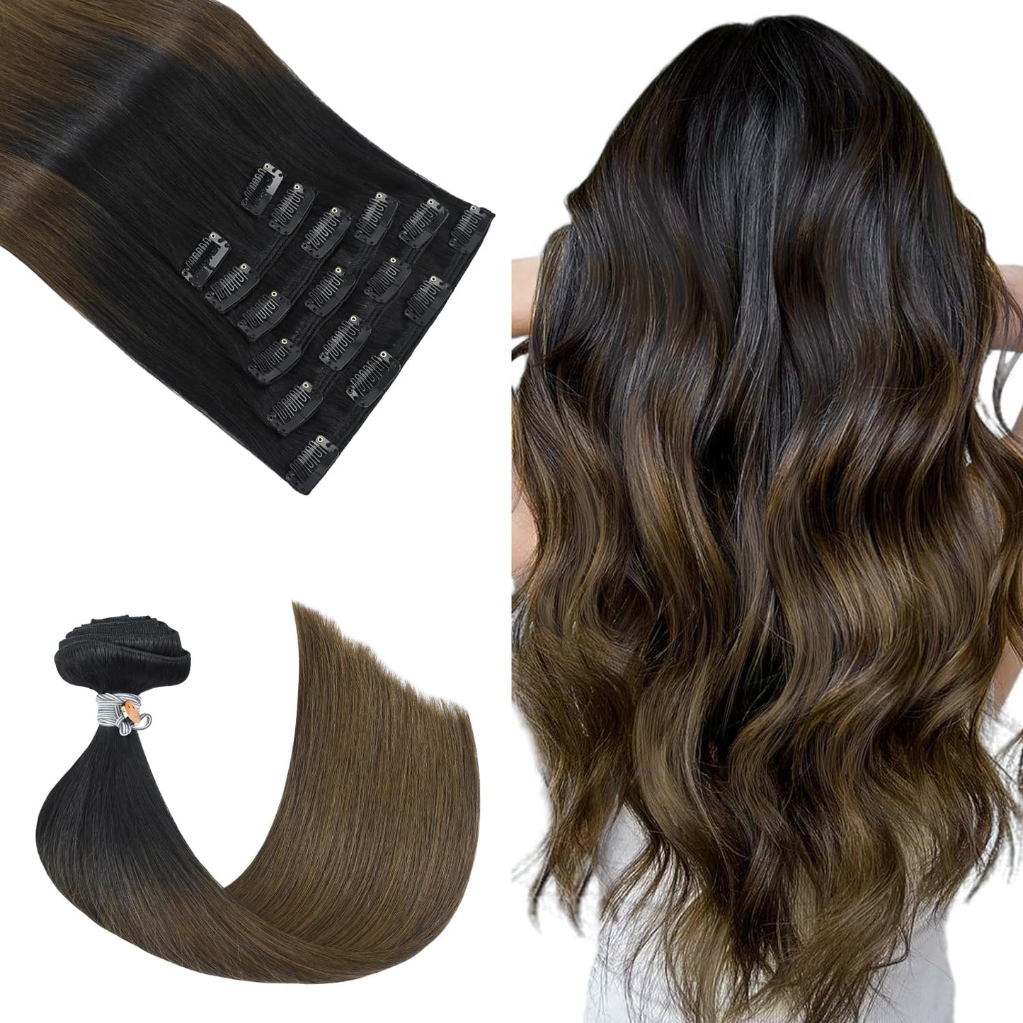 Honsoo Natural Black To Medium Brown Clip In Hair Extensions Real Human Hair 120G 14Inch 7Pcs Straight Soft & Natural Hair Exten