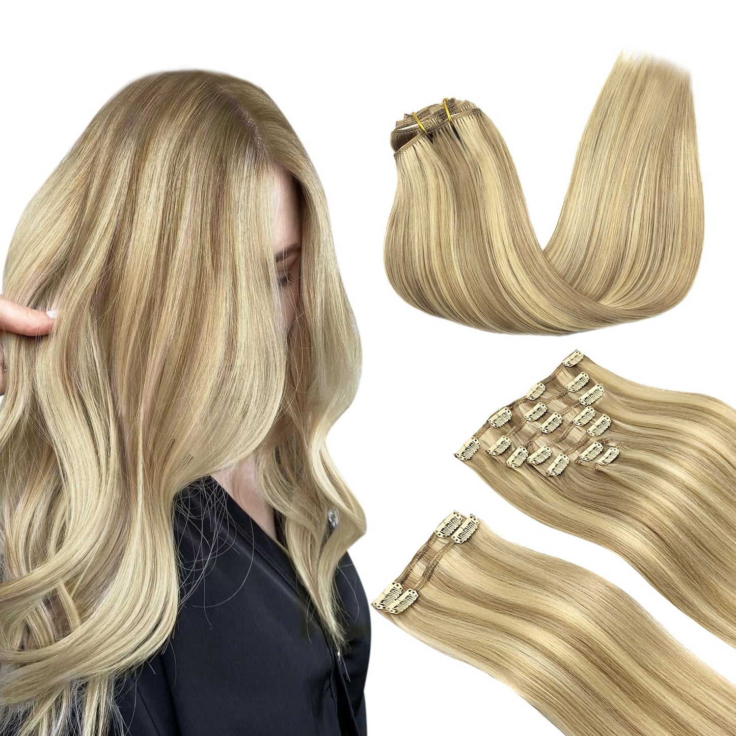 Maxita Clip In Human Hair Extensions, Balayage Light Blonde Highlighted Golden Blonde 9Pcs 150G 22 Inch Long Straight Real Human