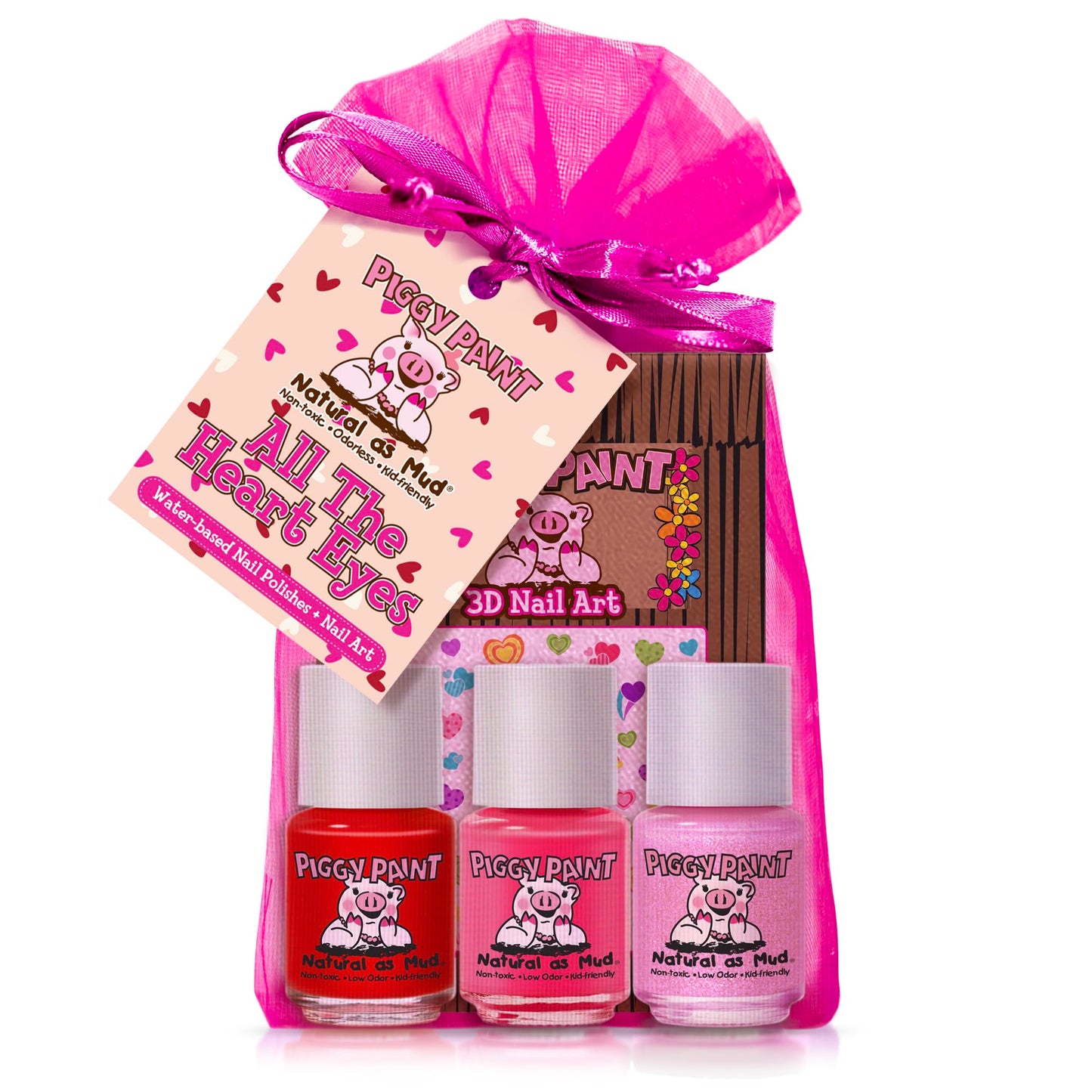 Piggy Paint | 100% Non-Toxic Girls Nail Polish | Safe, Cruelty-Free, Vegan, & Low Odor For Kids | All The Heart Eyes (3 Polish +
