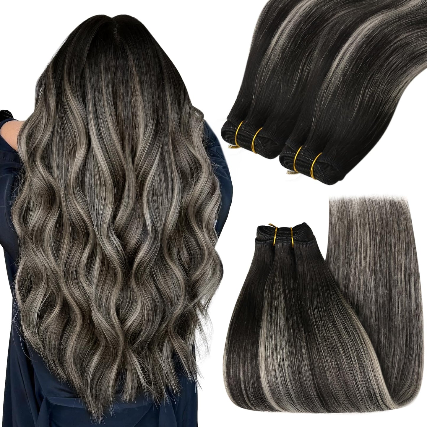 Youngsee 125G Weft Hair Extensions Human Hair Ombre Black Sew In Extensions Human Hair Blend Of Black And Silver With Black Root