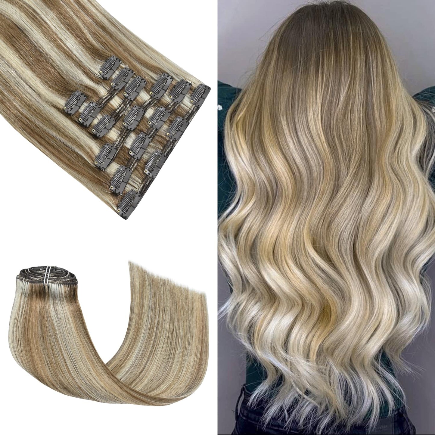 Honsoo Ash Blonde To Platinum Blonde Clip In Hair Extensions Real Human Hair 120G 18Inch 7Pcs Long Straight Soft & Natural Hair