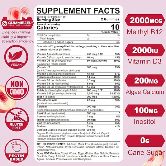 (2 Pack) Sugar Free Methylated Multivitamin for Women Gummies with Calcium, D3 K2, Inositol, Folate, Biotin, Iron, Vitamin A, C, E, B Complex - Multi Vitamins & Minerals - Energy, Immune, Bone - Vegan