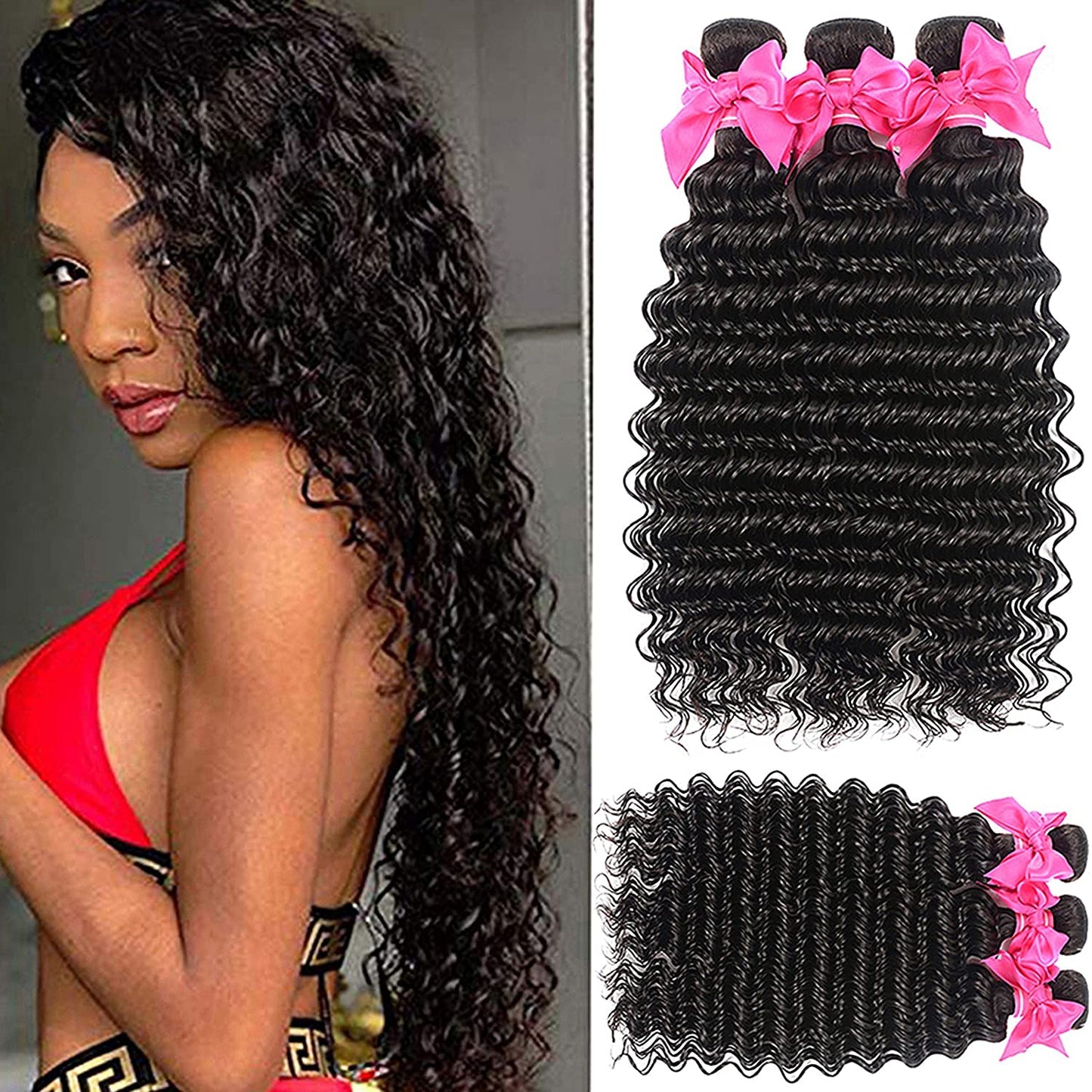 Miss Gaga Deep Wave 4 Bundles 9A Grade 100% Unprocessed Virgin Remy Brazilian Human Hair Extension Deep Wave Bundles Natural Col