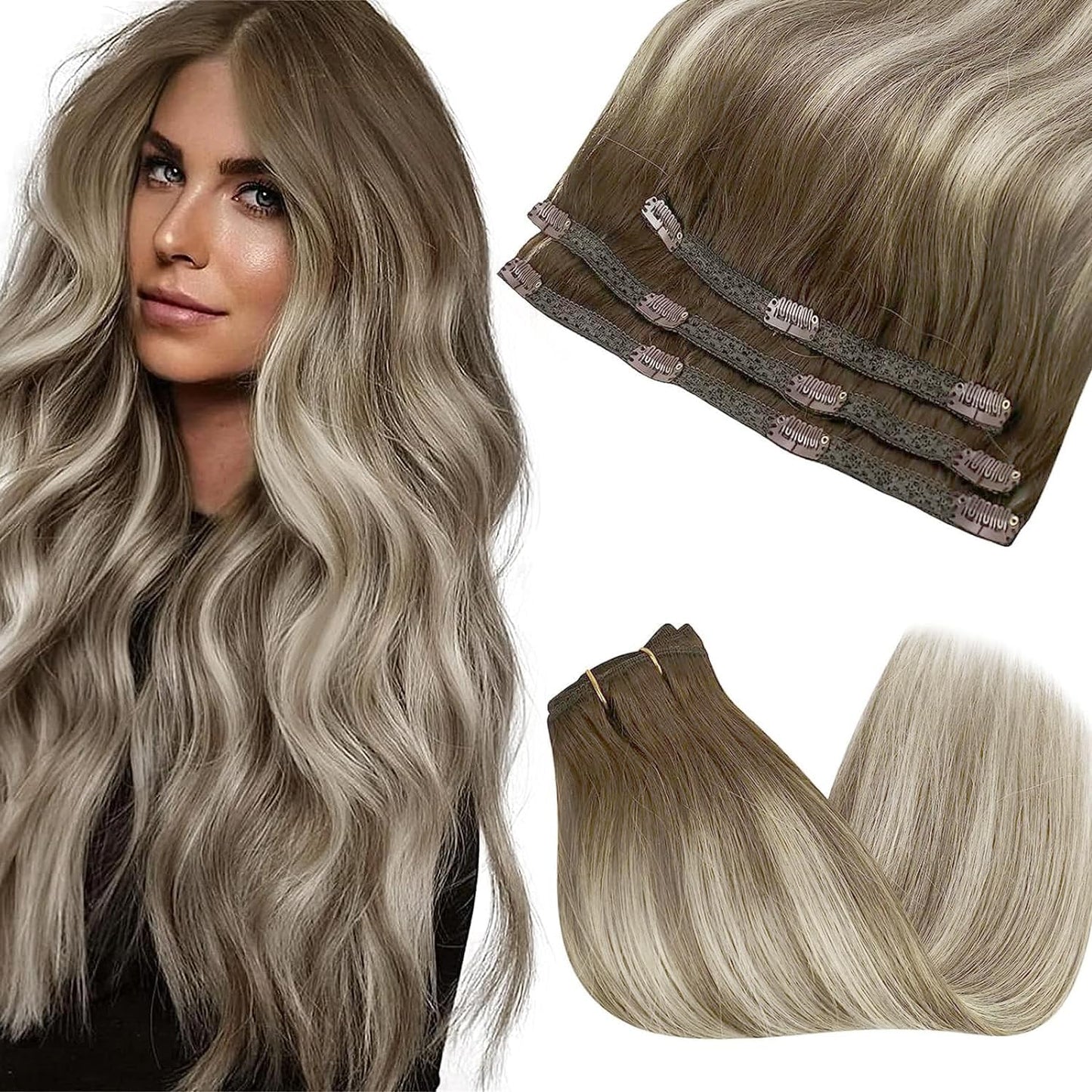 Sunny Human Hair Clip In Extensions Ombre Clip In Hair Extensions Real Human Hair Balayage Dark Brown Ombre Light Brown Blonde C