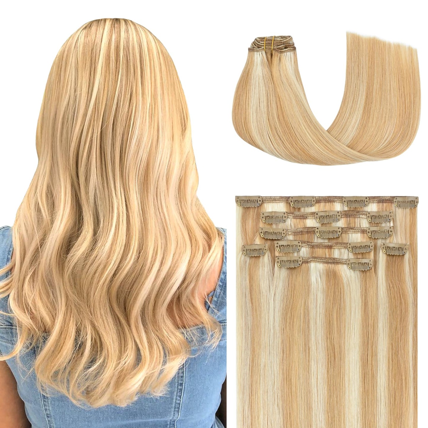 Honsoo Clip In Hair Extensions Real Human Hair 20In 70G 7Pcs Honey Blonde To Bleach Blonde Soft Natural Human Hair For Thin Hair