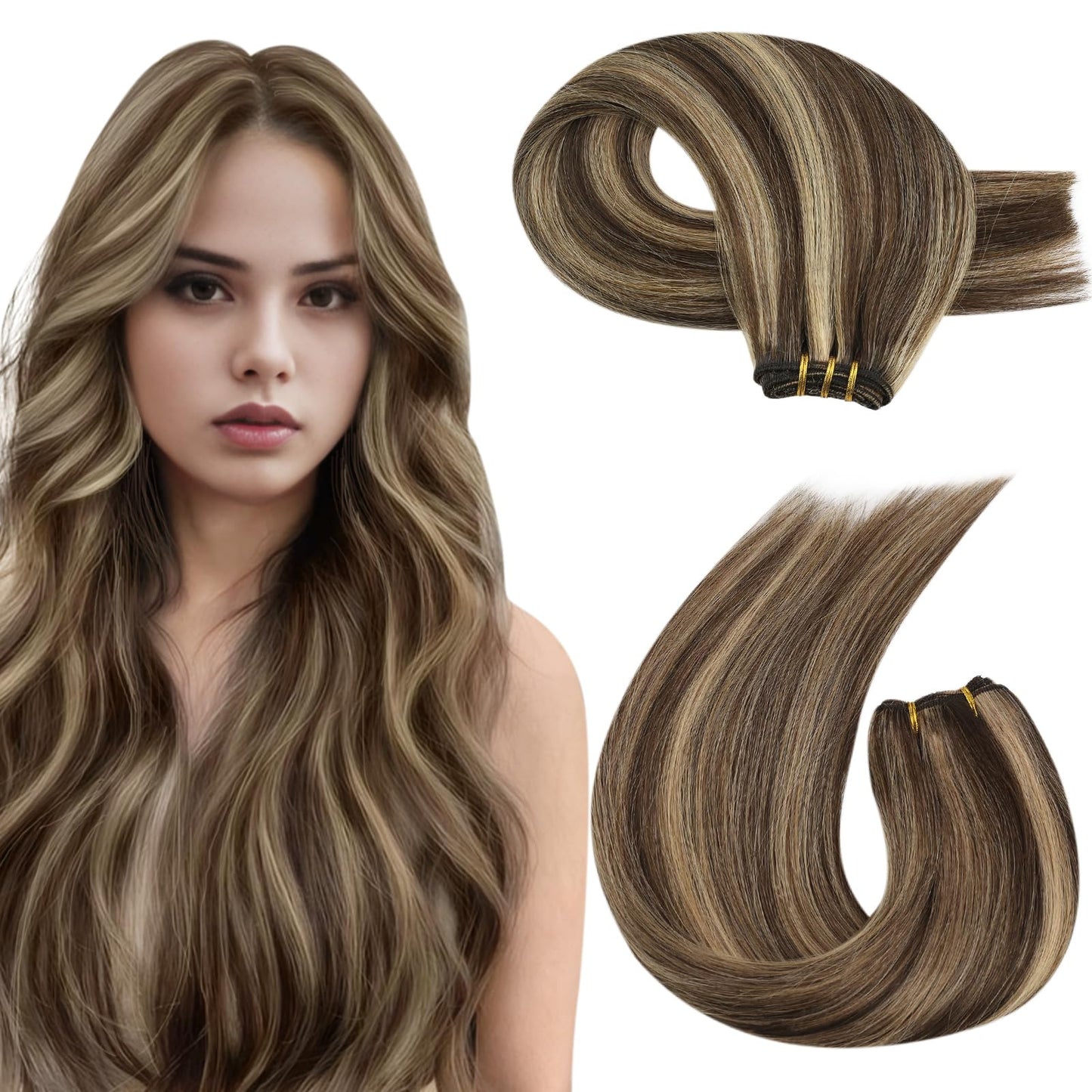 Moresoo Weft Hair Extensions Human Hair Brown Highlight Sew In Hair Extensions Real Human Hair Dark Brown With Caramel Blonde Ha