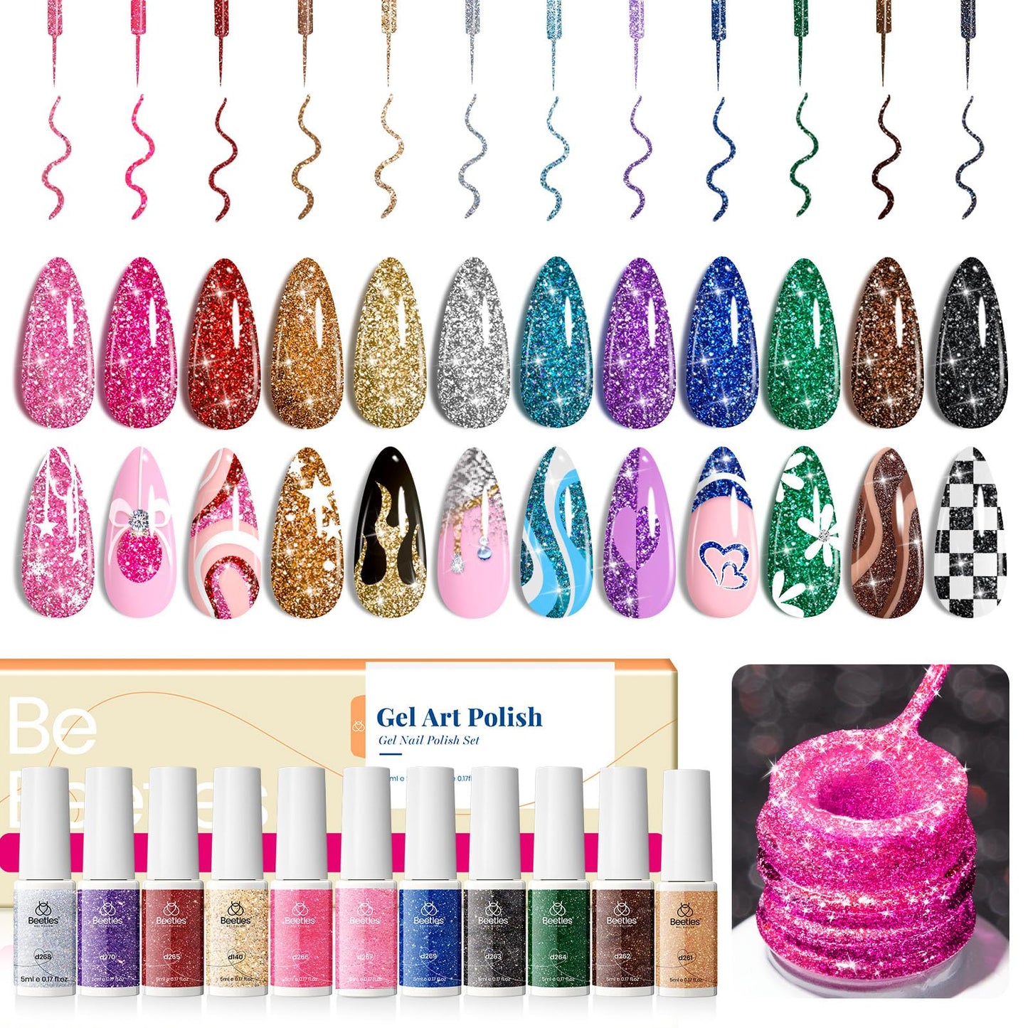 Beetles Nail Art Gel Liner Polish 12 Colors Reflective Glitter Gel Nail Polish, Gold Silver Pink Blue Purple Brown Black Gel Kit