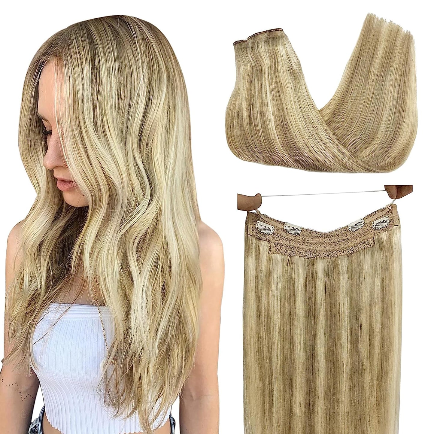 Goo Goo Wire Hair Extensions Human Hair, 16/22 Light Blondewith Mix Golden Blonde Highlighted 12Inch 70G, Invisible Wire Hair Ex