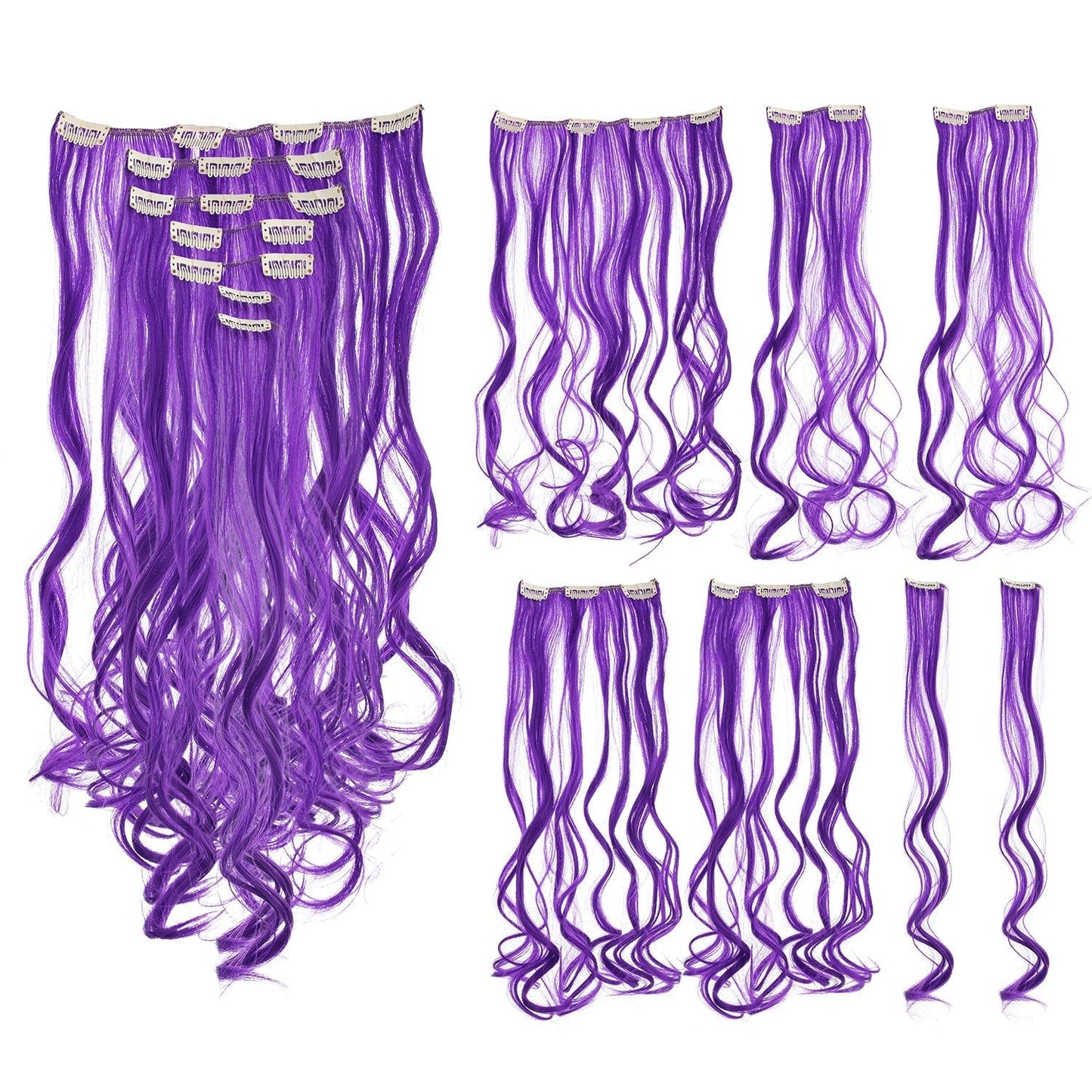 Swacc 7 Pcs Full Head Party Highlights Clip On In Hair Extensions Colored Hair Streak Synthetic Hairpieces (20-Inch Curly, Purpl