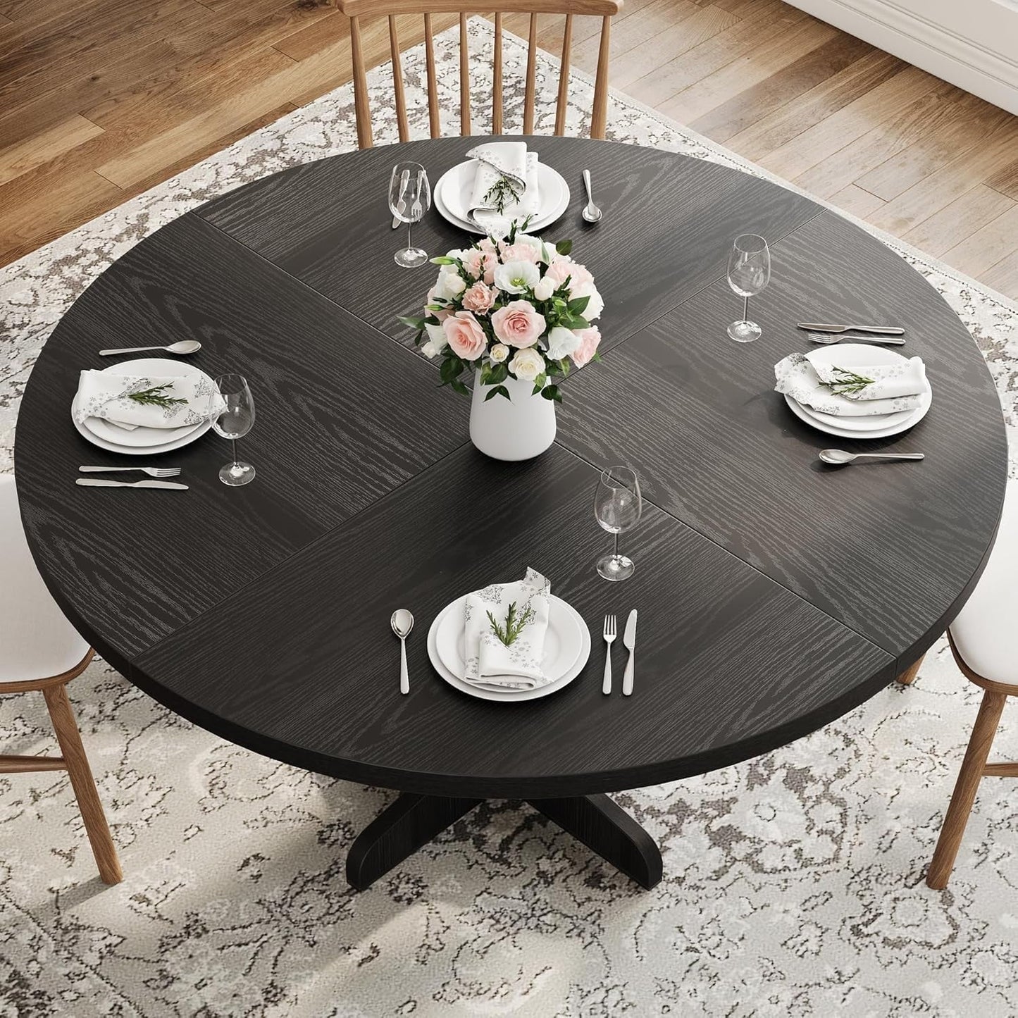 Round Dining Table for 4, 47 in Rustic Kitchen Table with Wooden Base, Sturdy Metal Frame, Multifunctional Design, Easy Assembly for Dining Room, Living Room, Farmhouse Decor