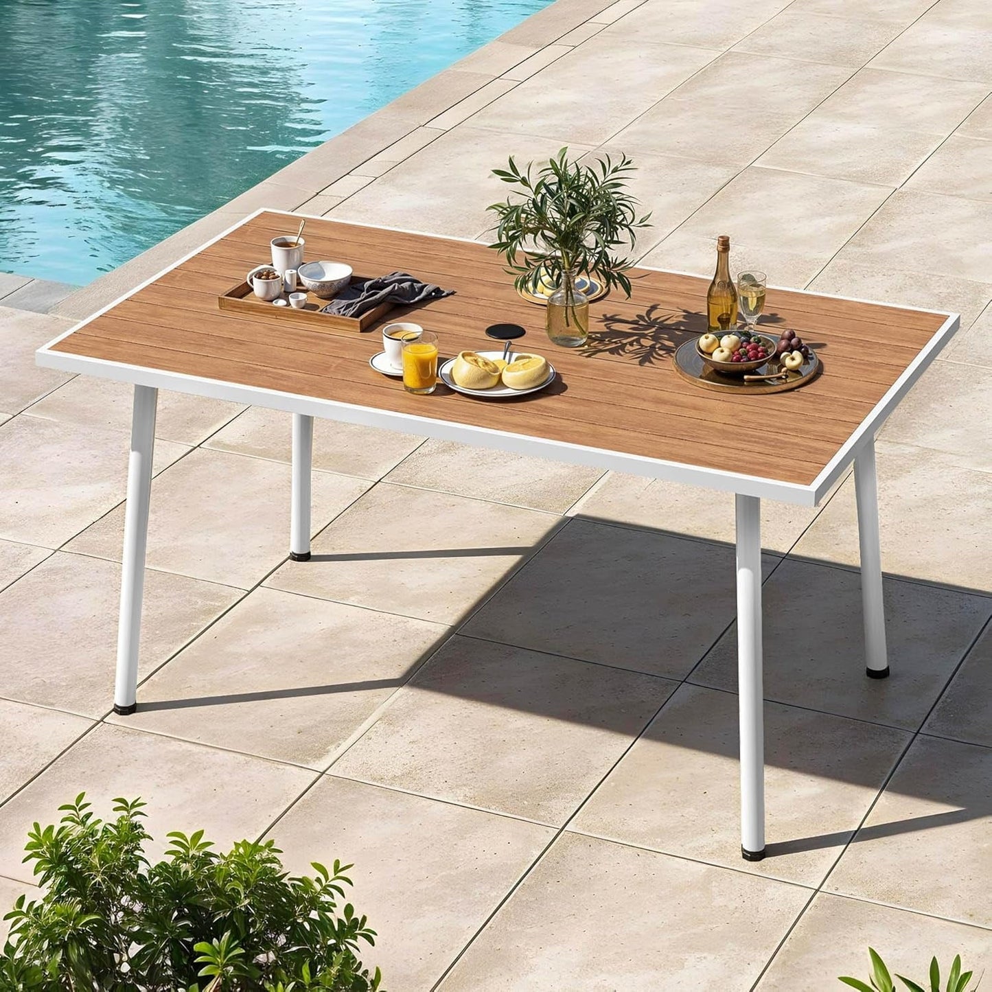 Craftian PE Rattan and Wood Outdoor Patio Dining Table with 2.2" Umbrella Hole for 6, Steel Frame, Adjustable Legs, Weather-Resistant Garden Table