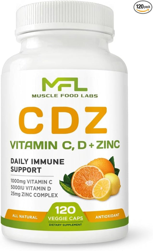 | C D Z | Vitamin C, 1000mg | Vitamin D3, 125mcg | Zinc, 25mg | Non-GMO & Gluten Free | 120 Vegetarian Capsules | 120 Servings