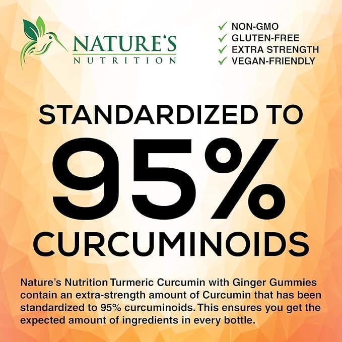 Turmeric Gummies with Black Pepper & Ginger for Best Absorption, 95% Curcuminoids Tumeric Curcumin Gummy, Nature's Herbal Extract Joint Support Supplement, Vegan Non-GMO, Peach Flavor - 60 Gummies