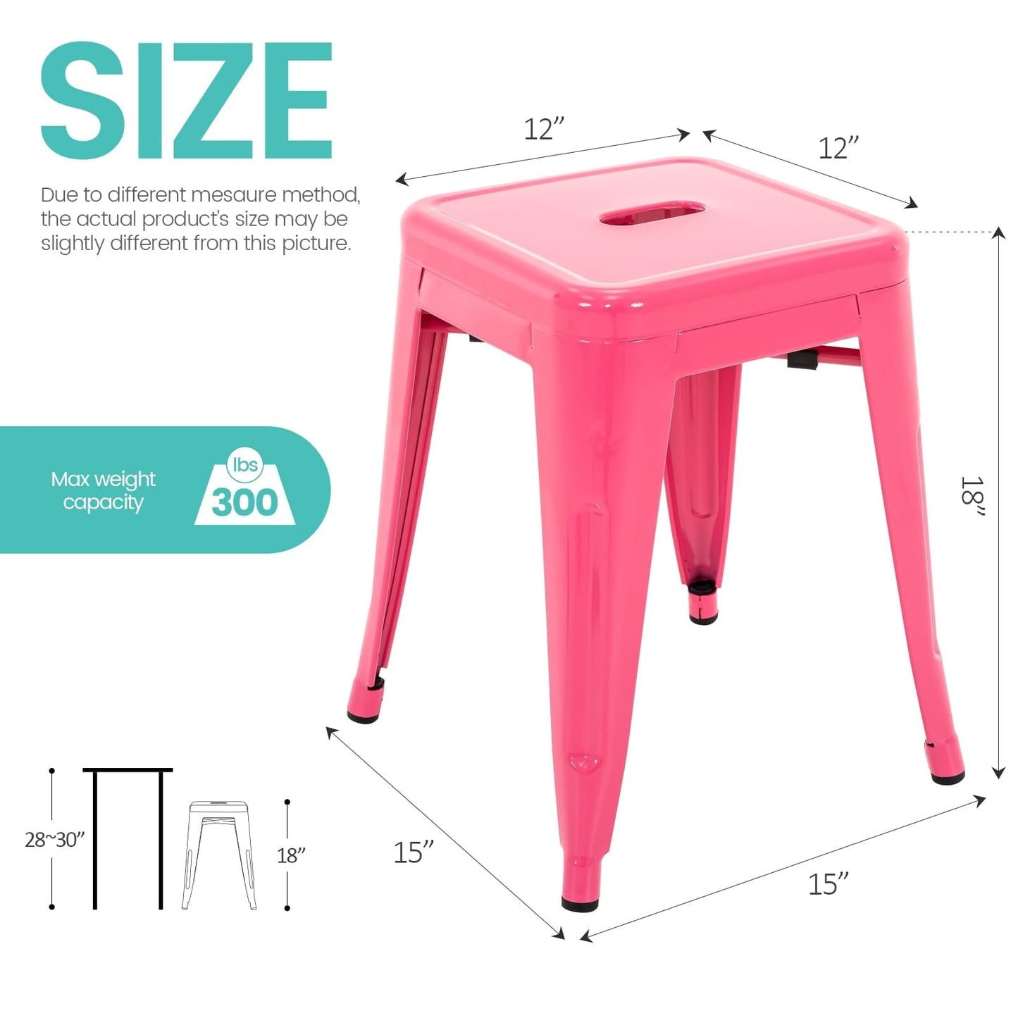 18 Inch Bar Stools Set of 2, Stackable Backless Industrial Metal Barstools for Indoor Outdoor Kitchen Dining Patio Garden Classroom (Hot Pink)
